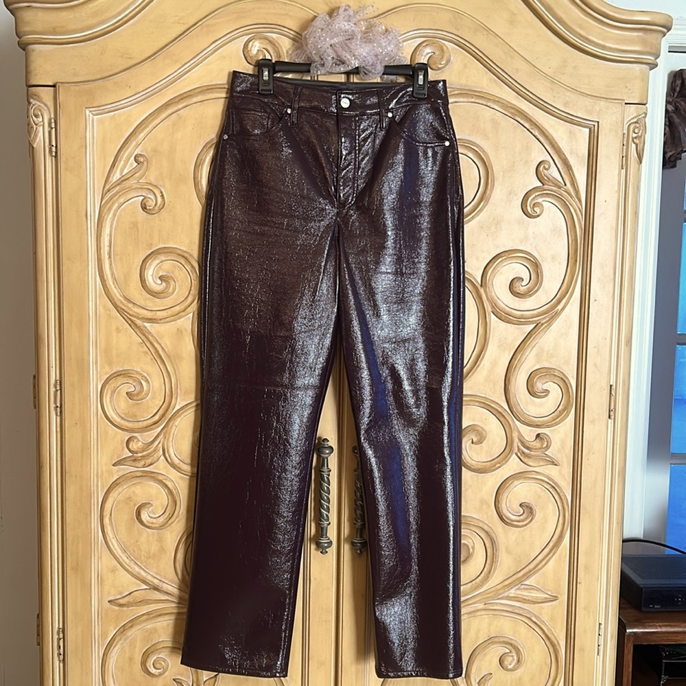 Express Modern Straight Shiny Pleather Pant Burgundy